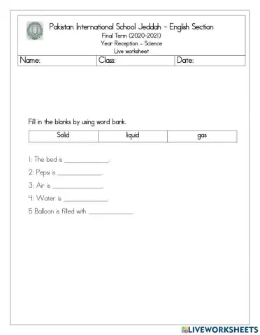 Science live worksheet states of matter