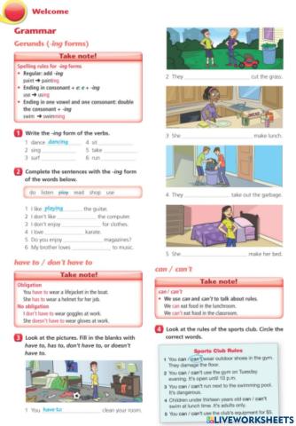 Gerunds - ing, have-has to, can-can't