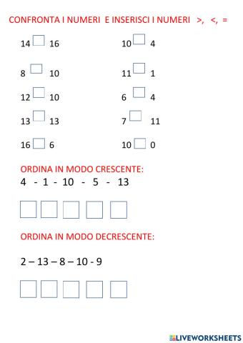 Confronta i numeri da o a 16