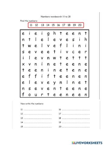 Numbers 1 - 20 wordsearch
