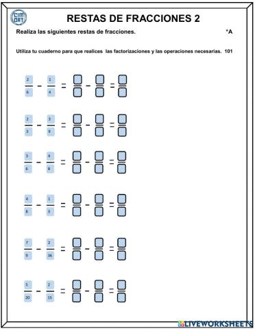 Restas de fracciones 2 a 101