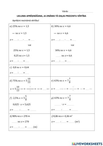 Lieluma aprēķināšana, ja zināma tā daļas procentu vērtība