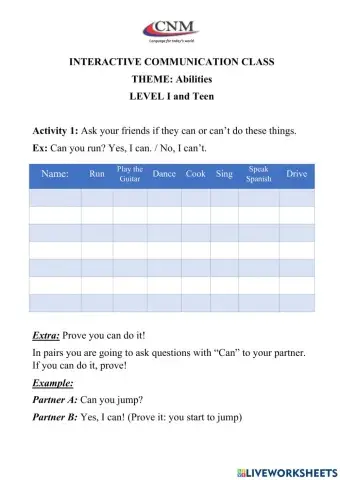 Communitive Activity - Abilities - Can - Adults Level I and Teen