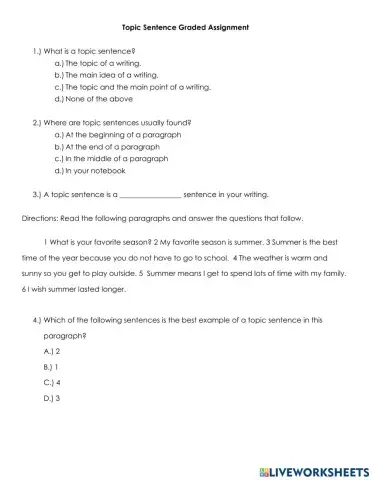 Topic Sentence Graded Assignment