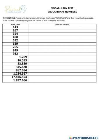 Vocabulary test - big cardinal numbers