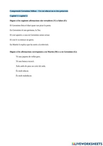 Comprensió lectora Geronimo Stilton - Un rat educat no es tira petarrots Cap.1i2