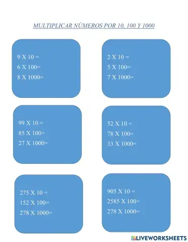 Multiplicación 10, 100 y 1000