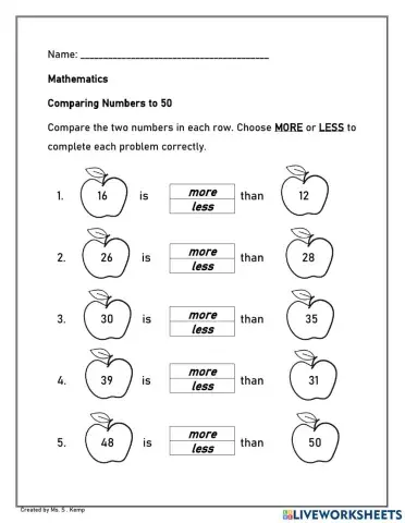 Comparing Numbers to 50
