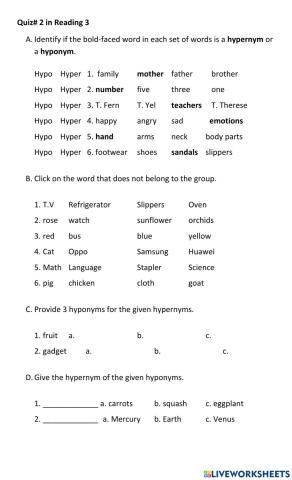 Quiz in Reading 3 - Hypo-Hyper