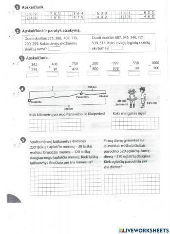 Sudėtis ir atimtis iki 1000