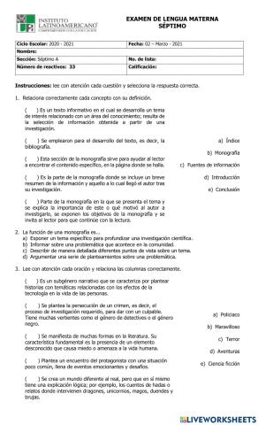 Examen 2.2 - español - séptimo