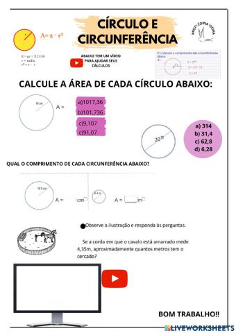 Área e comprimento círclo e circunferência