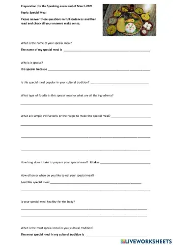 Type full sentence answers to questions about a special meal