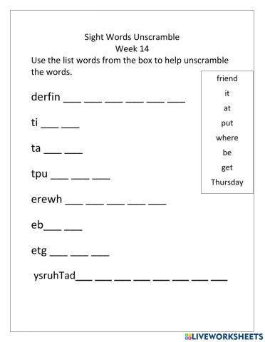 Sight Words Unscramble Week 14