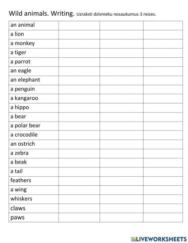 Wild animals. Writing