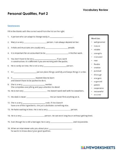 Personal Qualities, Part 2 - Vocabulary Review