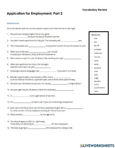 Application for Employment, Part 2 - Vocabulary Review