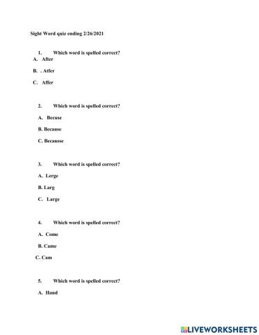 Sight words quiz ending 2-27-2021