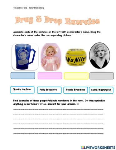 Tony Morrison - The Bluest Eye - Associate object-person with characters