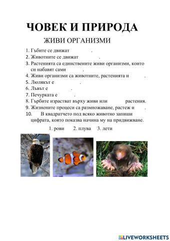Тест по Човекът и Природата-Живи Организми   3-ти клас