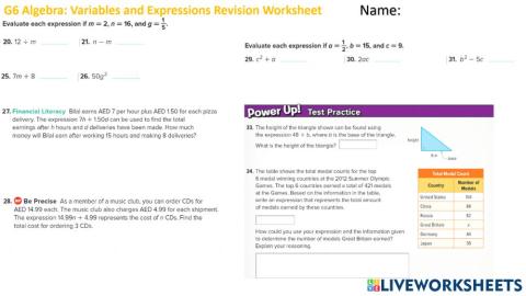 G6 Algebra: Variables and Expressions Revision Worksheet