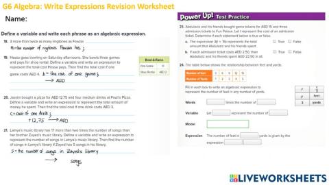 G6 Algebra: Write Expressions Revision Worksheet