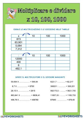 Moltiplicazioni  e divisioni per 10 100 100 con i decimali
