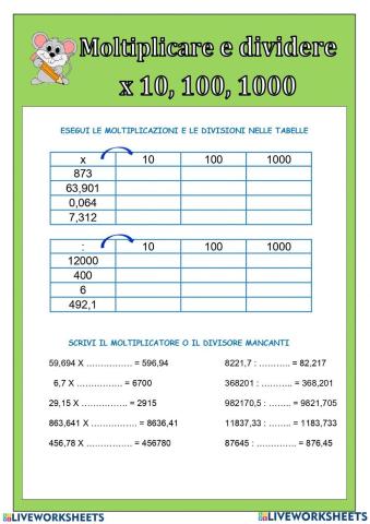 Moltiplicazioni  e divisioni per 10 100 100 con i decimali
