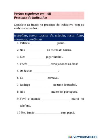 Presente do indicativo Verbos em -AR