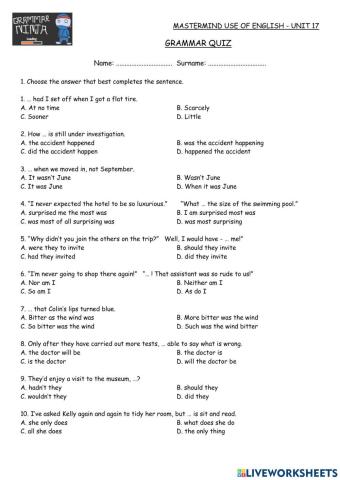 Mastermind Unit 17 Grammar Test