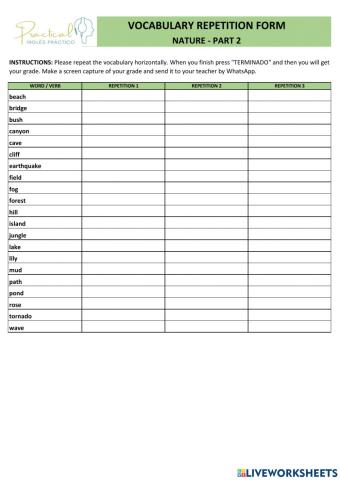 Vocabulary repetition form - nature - part 2