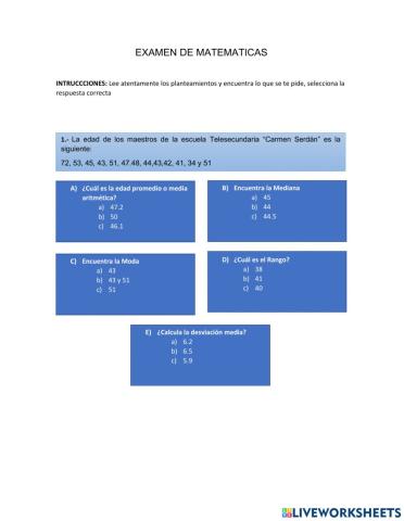 Examen matematicas desviacion grado 3