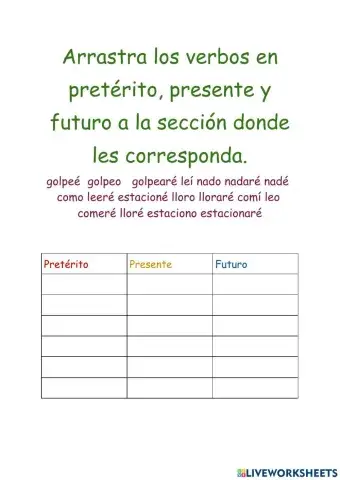 Relaciona los verbos en pretérito, presente, y futuro.