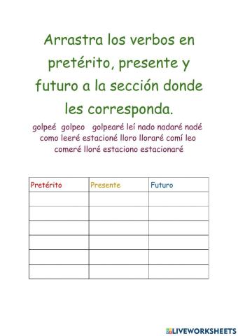Relaciona los verbos en pretérito, presente, y futuro.
