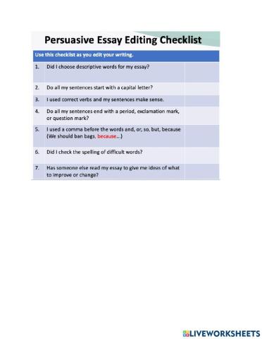 Persuasive Essay Editing Checklist