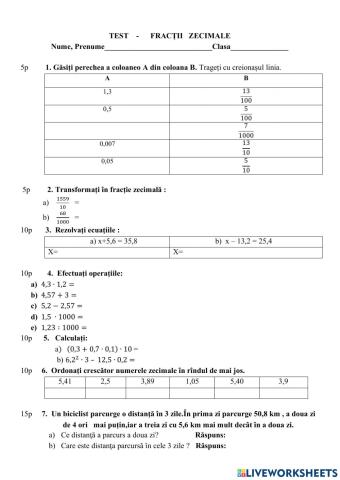Test numere zecimale cl V-a