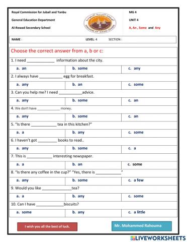 MG 4 - Unit 4 -A, An, Some and Any