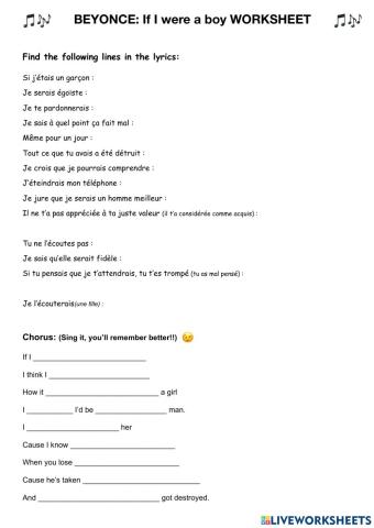 Beyoncé If I were a boy worksheet