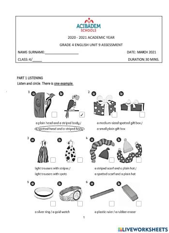 2020-2021 Academic Year 4th Grade Unit test 3