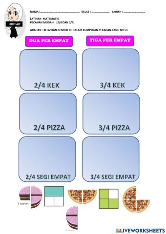 Mengelaskan pecahan 2-4 dan 3-4
