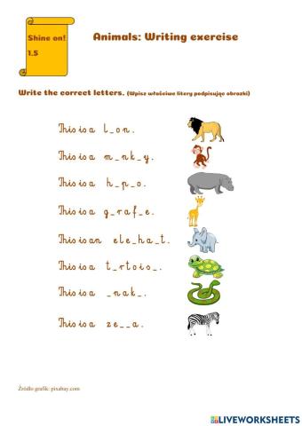 Shine on! 1 Animals (writing exercise - easy)