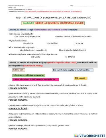 Test de evaluare, clasa a V-a - IUBIREA LUI DUMNEZEU SI RASPUNSUL OMULUI
