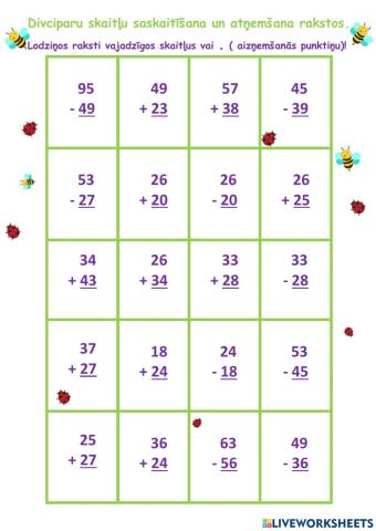 Saskaitīšana- atņemšana rakstos -- Adding- subtracting 2-digit numbers