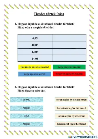 Tizedes törtek írása