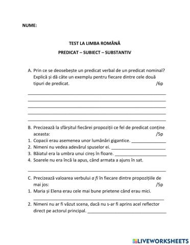 Test gramatică predicat +  subiect