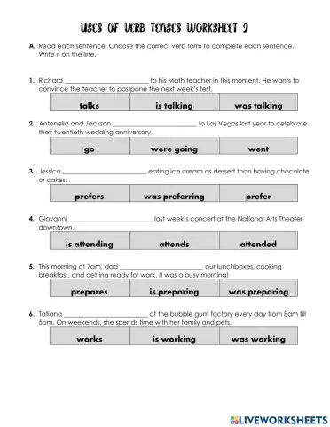Uses of Verb Tenses Worksheet 2