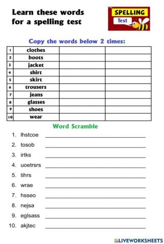 Spelling words: Clothes