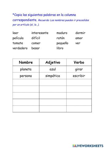 Nombre, adjetivo, verbo