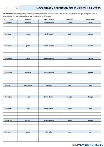 Vocabulary repetition form - irregular verbs 5