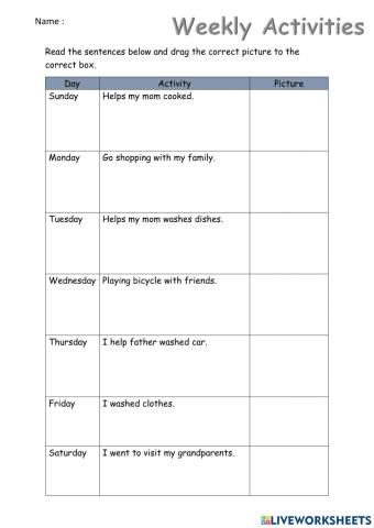 Weekly activities